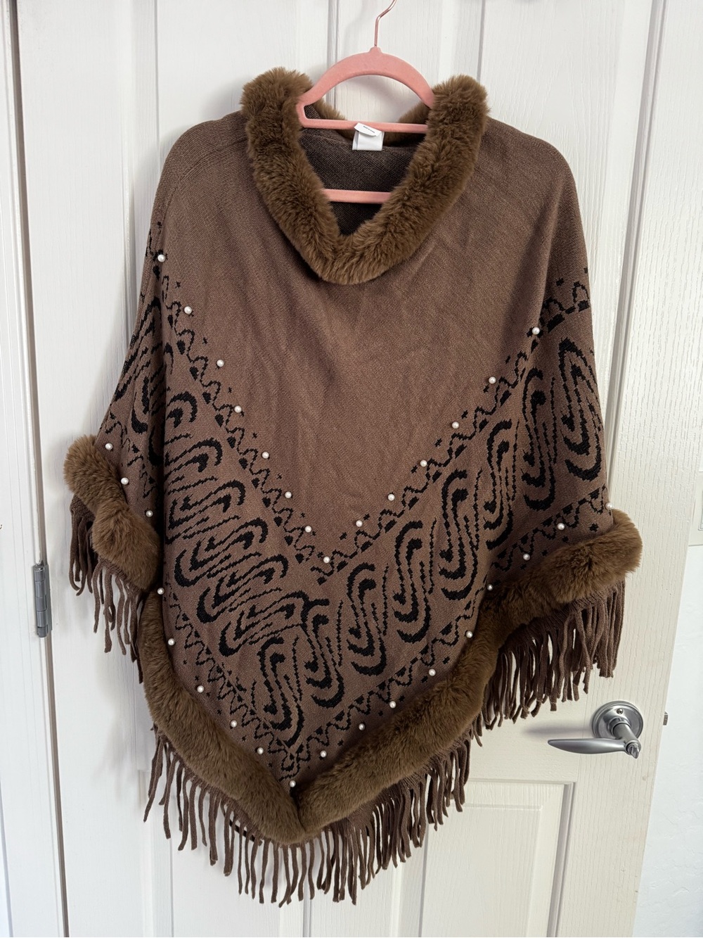 Cozy Brown Faux Fur Trim Poncho with Fringe